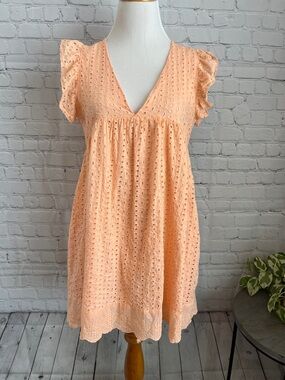 Peach Eyelet V-Neck Flutter Sleeve Dress